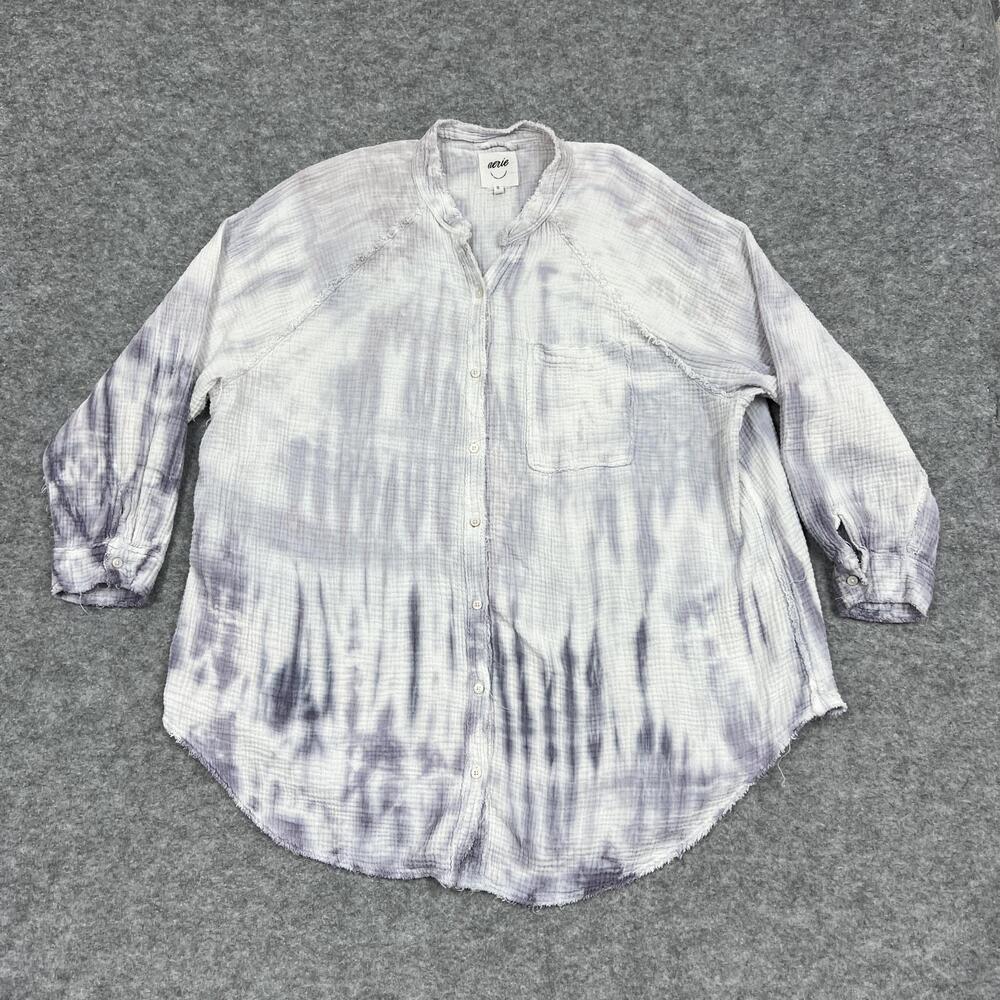 Aerie Shirt Womens XL Gray Purple Tie Dye Button Tunic Top Cotton Oversized